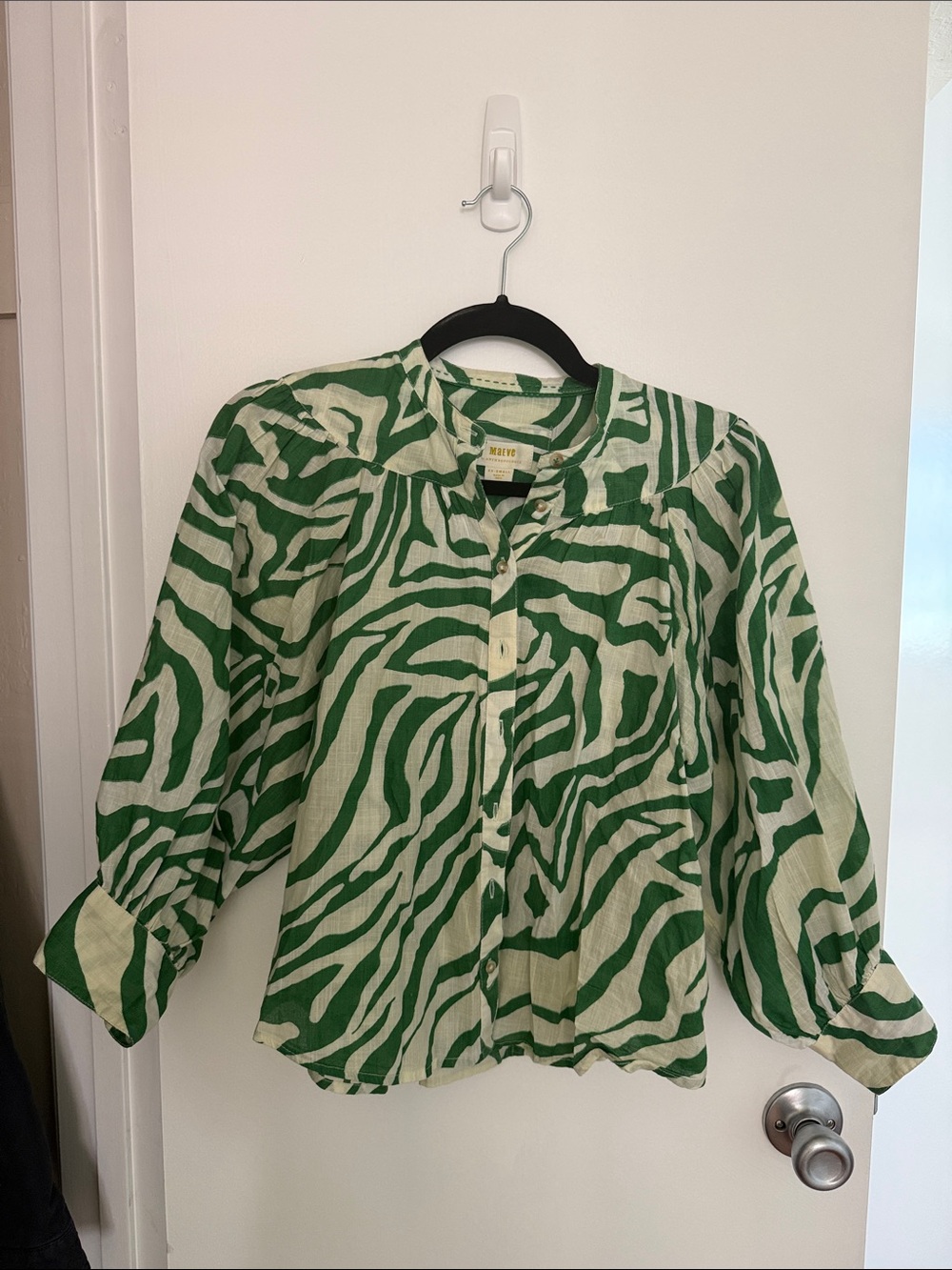 Anthropologie Green and Cream Animal-Print Blouse Shirt
